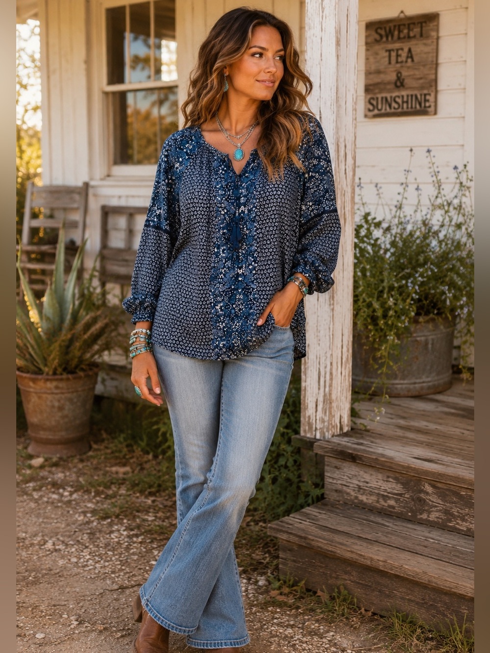 Robert Louis Women’s Blue Boho Peasant Tie Neck Floral Print Rayon Blouse large